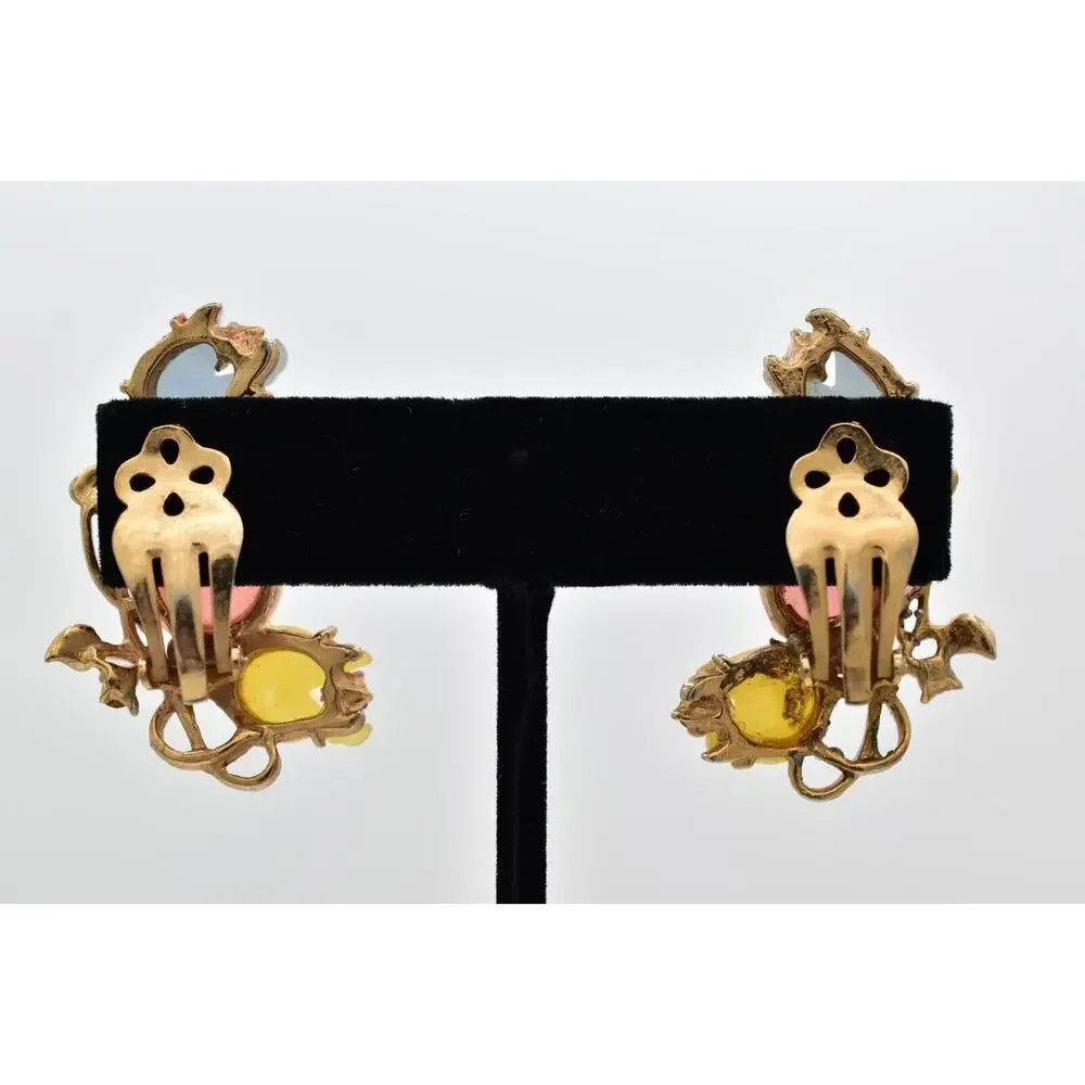 Vintage Flower Clip On Earrings Pastel Pink Yellow Blue Tulip Gold 1960s BinBK